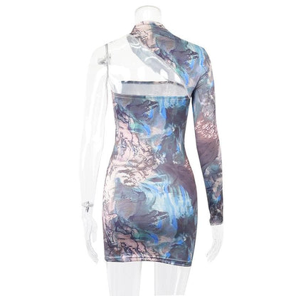 Marble Print One Shoulder Mock Neck Cutout Long Sleeve Mini Dress