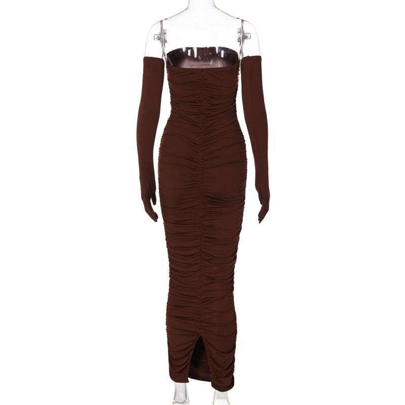 Strapless Ruched Bodycon Midi Dress with Matching Opera Gloves