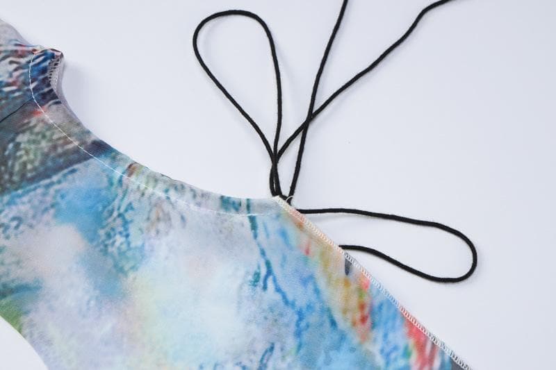Deep V Lace Up Bell Sleeve Abstract Print Mini Dress
