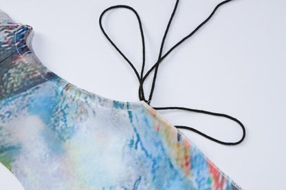 Deep V Lace Up Bell Sleeve Abstract Print Mini Dress