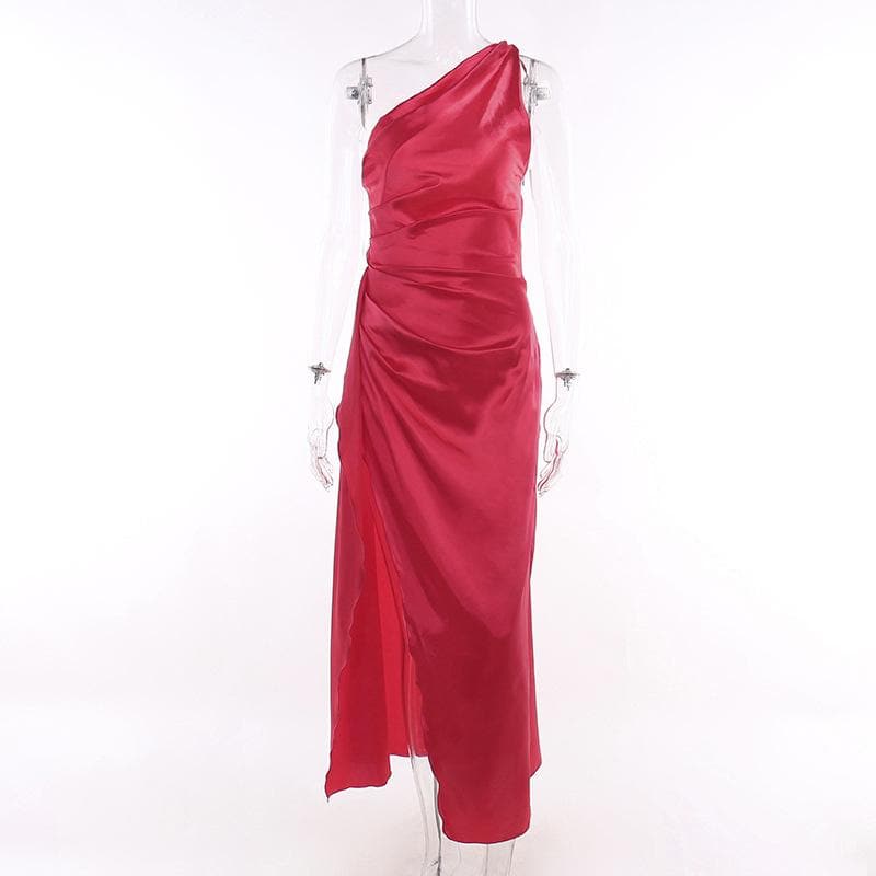 One Shoulder Satin Ruched Drape High Slit Maxi Dress