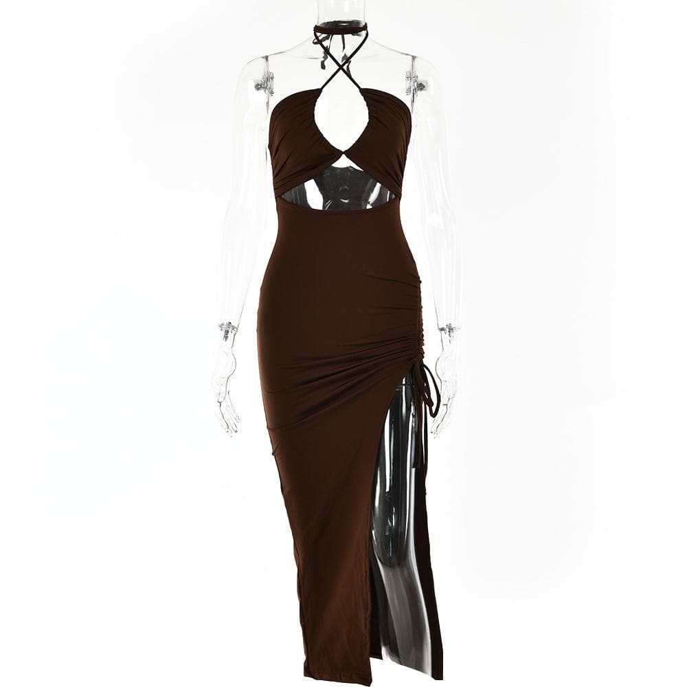 Halter Keyhole Midriff Cutout Drawstring Side Slit Maxi Dress