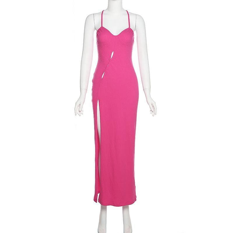 Scoop Neck Triple Cutout High Slit Spaghetti Strap Bodycon Maxi Dress