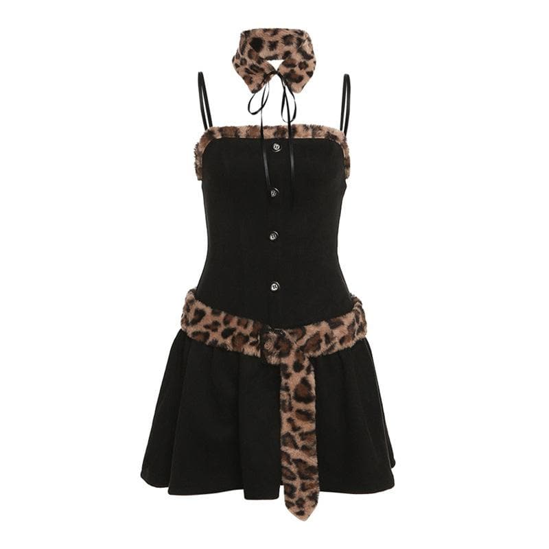 Faux Fur Trim Button Down Spaghetti Strap Pleated Mini Dress