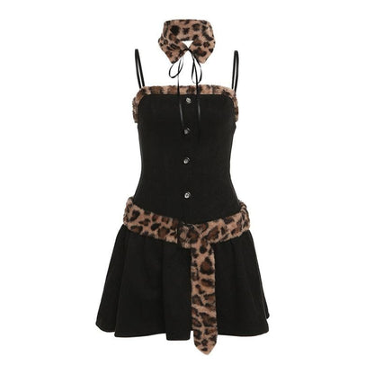 Faux Fur Trim Button Down Spaghetti Strap Pleated Mini Dress