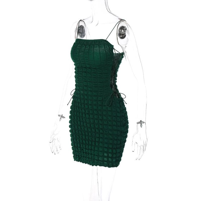 Waffle Texture Square Neck Side Lace Up Cut Out Spaghetti Strap Mini Dress
