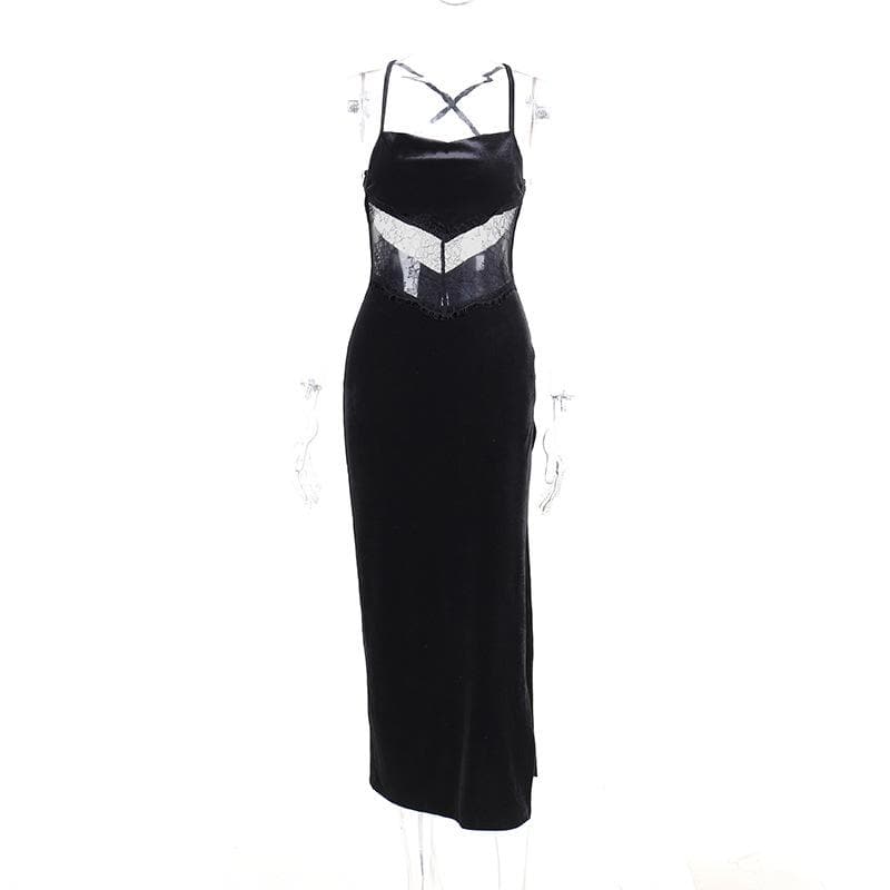 Velvet Spaghetti Strap Square Neck Lace Waist Insert Side Slit Midi Dress