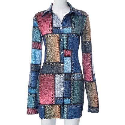 Collared Long Sleeve Button Front Denim Patchwork Mini Shirt Dress