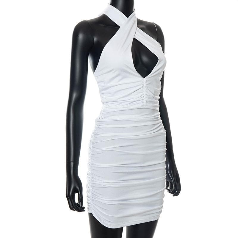 Crisscross Halter V-Neck Keyhole Chest Cutout Ruched Bodycon Mini Dress