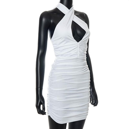Crisscross Halter V-Neck Keyhole Chest Cutout Ruched Bodycon Mini Dress