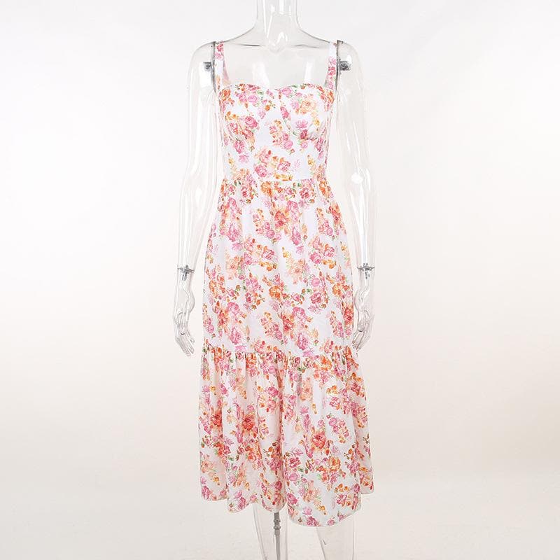 Floral Print Square Neck Wide Strap Corset Bodice Tiered Ruffle Hem Midi Dress