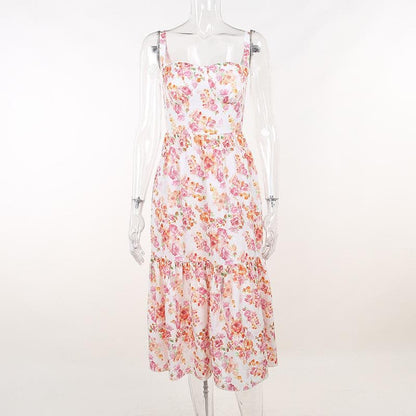 Floral Print Square Neck Wide Strap Corset Bodice Tiered Ruffle Hem Midi Dress