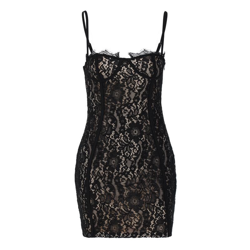Floral Lace Sweetheart Bustier Spaghetti Strap Zip Back Mini Dress