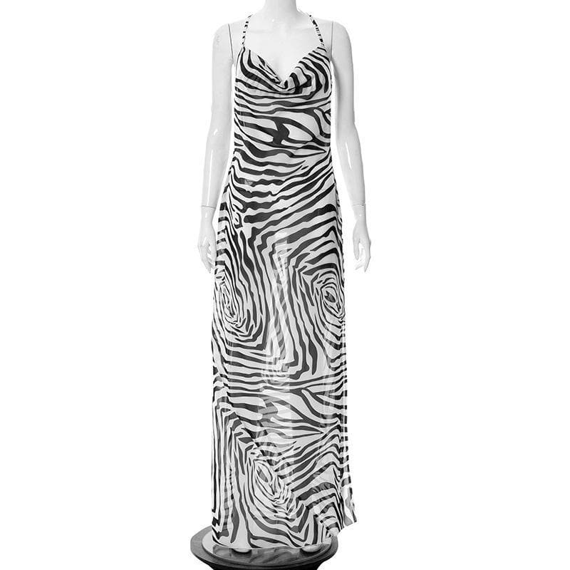 Cowl Neck Zebra Print Halter Cross Open Back Bodycon Maxi Dress