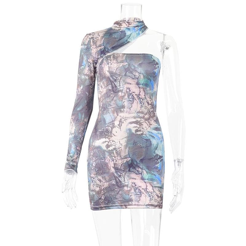 Marble Print One Shoulder Mock Neck Cutout Long Sleeve Mini Dress