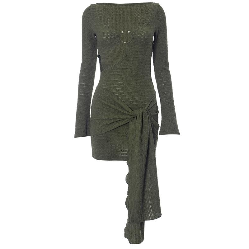 Deep Scoop Neck O-Ring Cutout Side Tie Ruched Bodycon Mini Dress