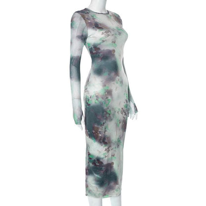 Crew Neck Long Sleeve Abstract Watercolor Print Bodycon Maxi Dress