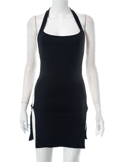 Square Neck Halter O Ring Side Slit Bodycon Mini Dress