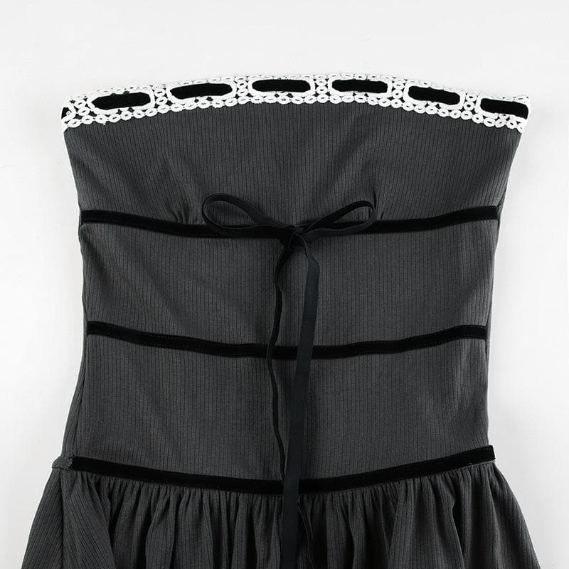 Strapless Velvet Band Bow Eyelet Lace Trim Drop Waist Tube Mini Dress