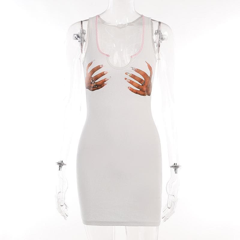Deep U-Neck Rib Knit Hand Print Graphic Bodycon Mini Dress