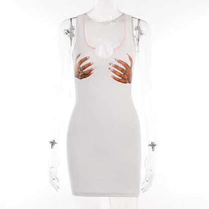 Deep U-Neck Rib Knit Hand Print Graphic Bodycon Mini Dress
