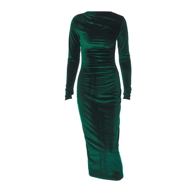 Crew Neck Ruched Velvet Long Sleeve Bodycon Midi Dress