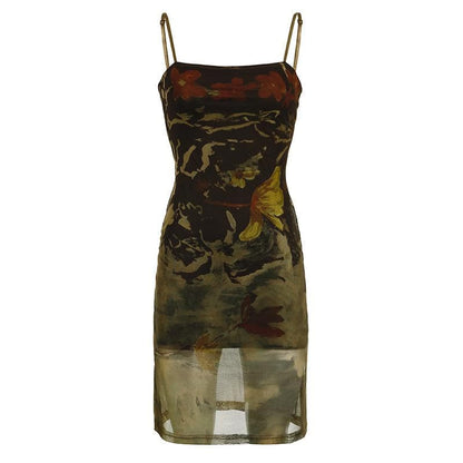 Square Neck Spaghetti Strap Mesh Overlay Abstract Floral Bodycon Midi Dress