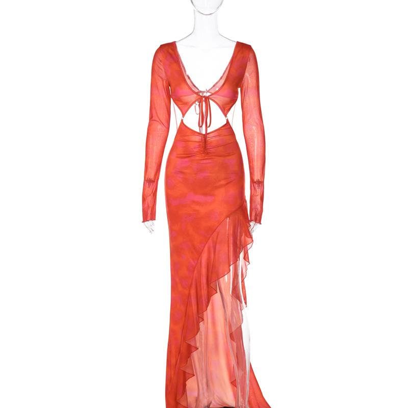 Long Sleeve Deep V Midriff Cutout Tie Front High Slit Ruffle Hem Maxi Dress