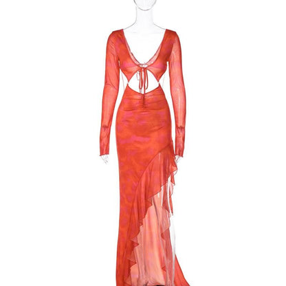 Long Sleeve Deep V Midriff Cutout Tie Front High Slit Ruffle Hem Maxi Dress