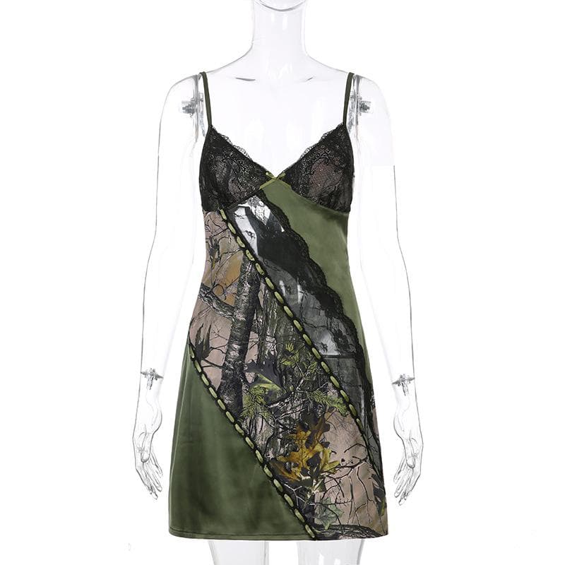 Lace Panel Ribbon Lace-Up Woodland Print Spaghetti Strap Cami Mini Dress