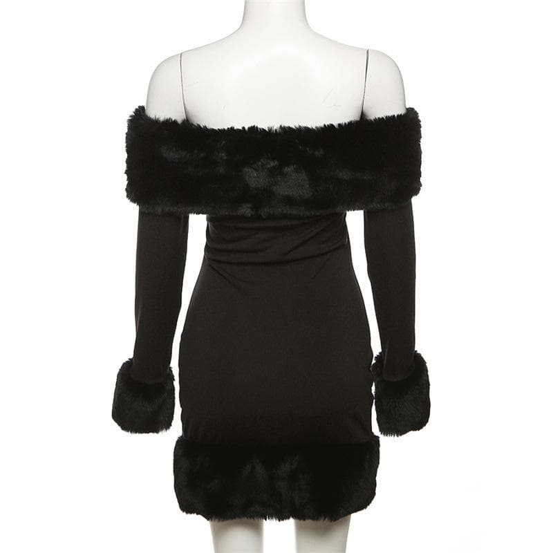 Faux Fur Trim Neckline Cuff Hem Off Shoulder Long Sleeve Bodycon Mini Dress