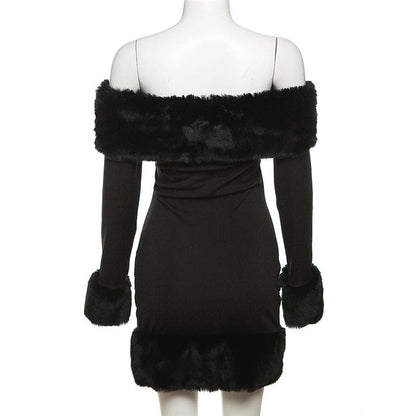 Faux Fur Trim Neckline Cuff Hem Off Shoulder Long Sleeve Bodycon Mini Dress