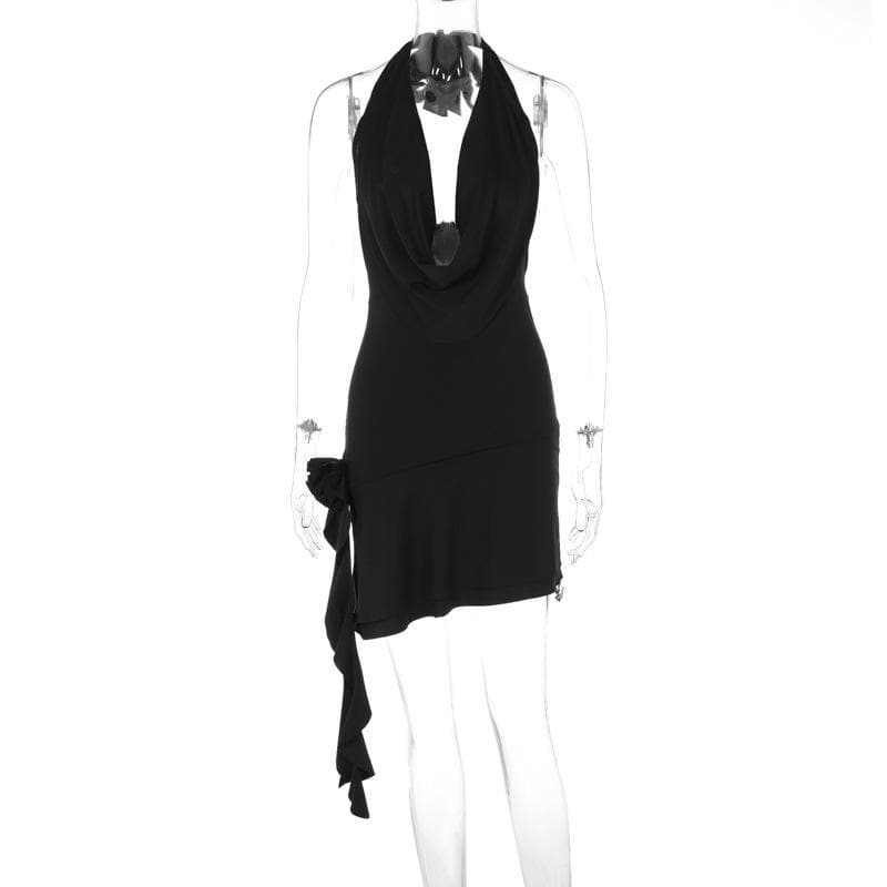 Cowl Neck Halter Ruffle Trim Side Cascade Backless Mini Dress