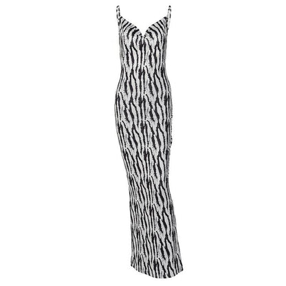 Zebra Print Cowl Neck Spaghetti Strap Backless Slit Bodycon Midi Dress