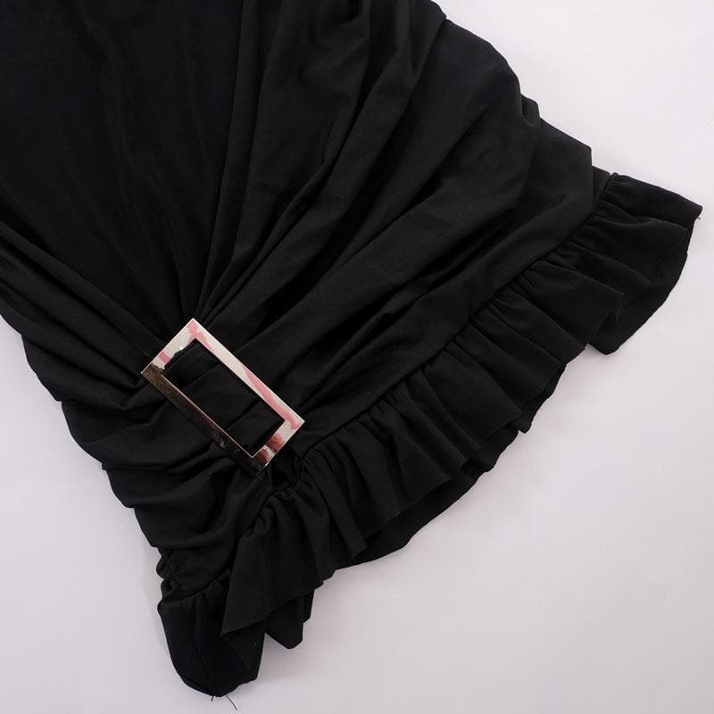 One-Shoulder Sheer Mesh Buckle Detail Side Gathered Ruffle Hem Mini Dress