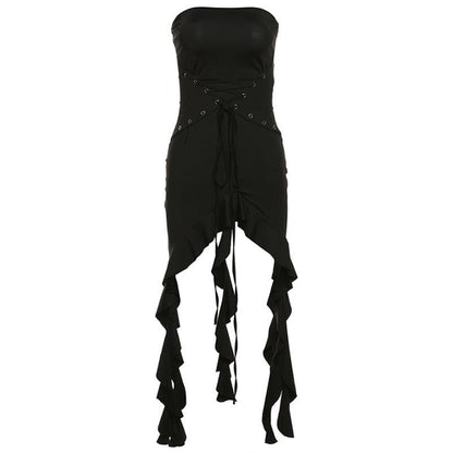 Strapless Lace Up Grommet Corset Ruffle High Low Hem Mini Dress