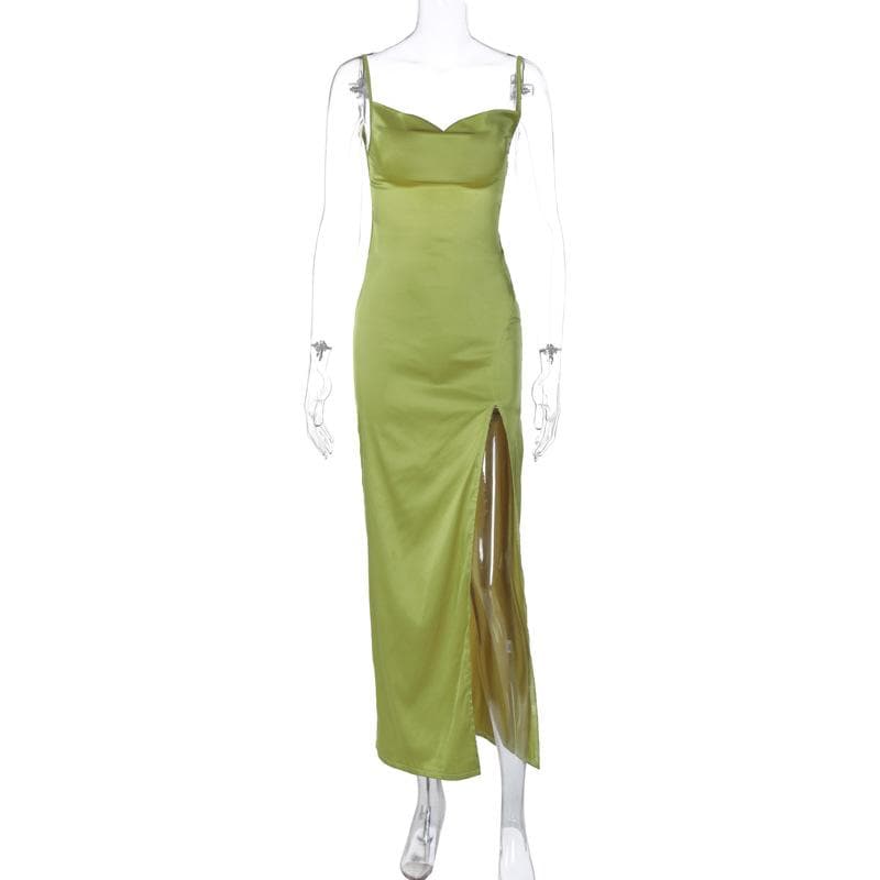 Spaghetti Strap Cowl Neck Side Slit Satin Cami Maxi Dress
