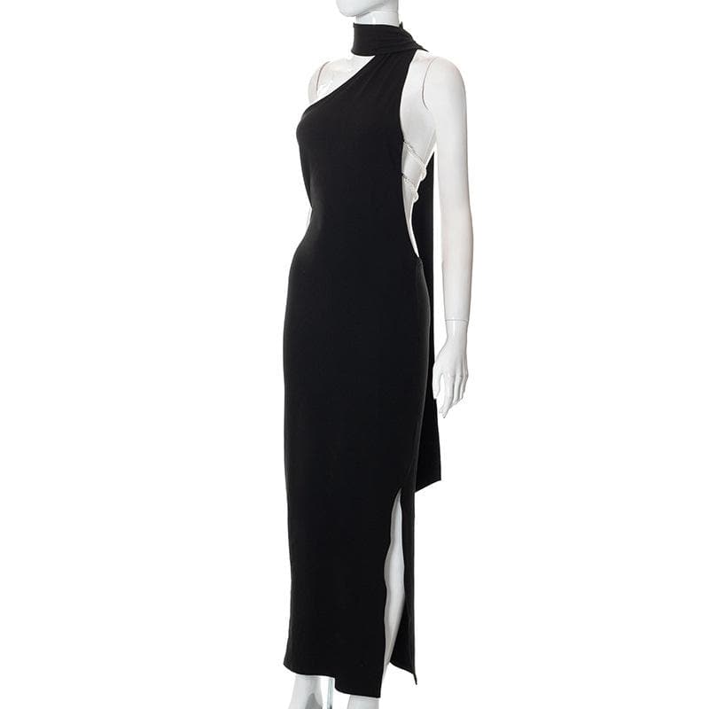 One Shoulder Choker Neck Column Bodycon Maxi Dress