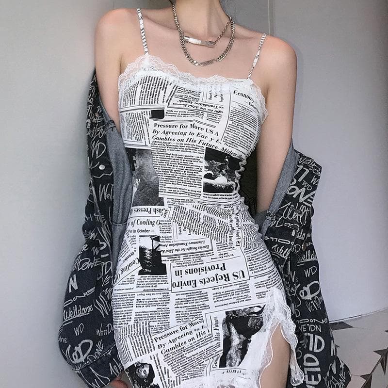 Newspaper Print Lace Trim Side Slit Spaghetti Strap Mini Dress