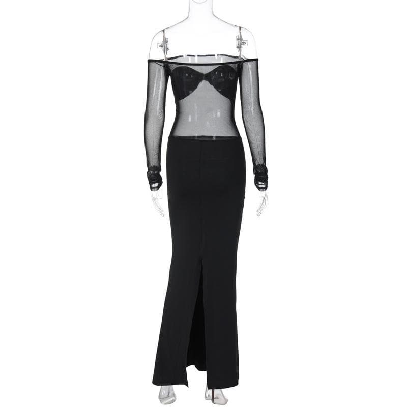 Off Shoulder Mesh Panel Ruched Slit Maxi Dress