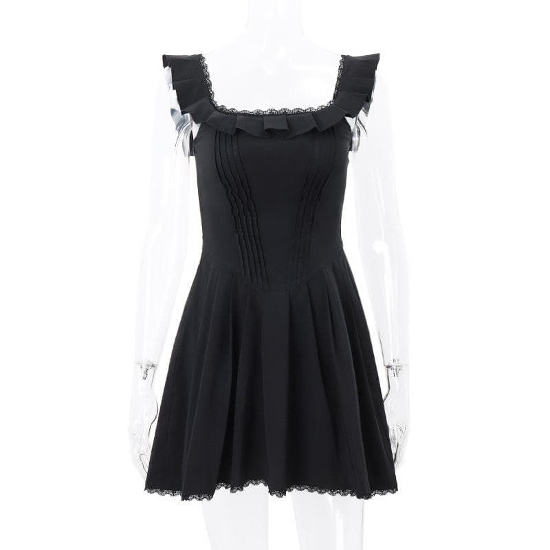 Square Neck Ruffle Strap Pintuck Pleated Lace Hem Fit and Flare Mini Dress