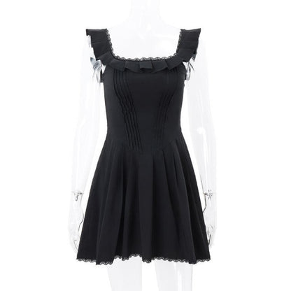 Square Neck Ruffle Strap Pintuck Pleated Lace Hem Fit and Flare Mini Dress
