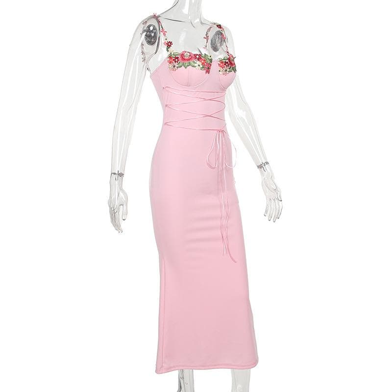 Sweetheart Neck Floral Embroidery Lace-Up Ribbon Bodycon Maxi Dress