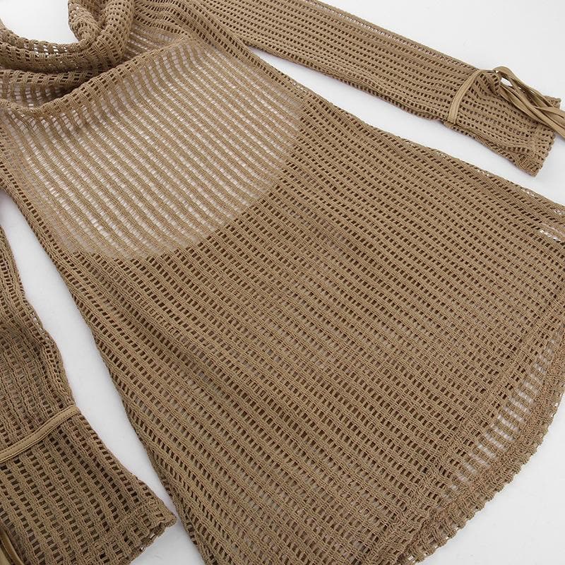 Cowl Neck Open Knit Tie Cuff Long Sleeve Hollow Out Mini Dress