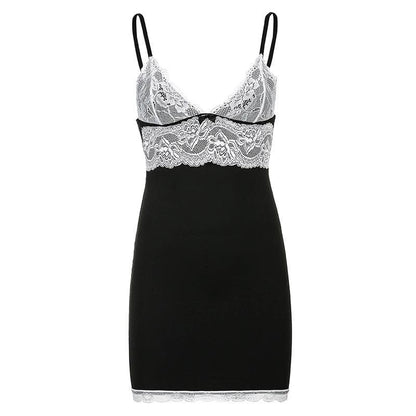Lace Bow V Neck Cami Floral Embroidery Empire Waist Mini Dress