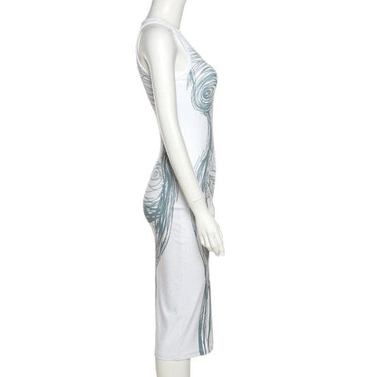 Abstract Figure Line Art Scoop Neck Tank Bodycon Midi Dress