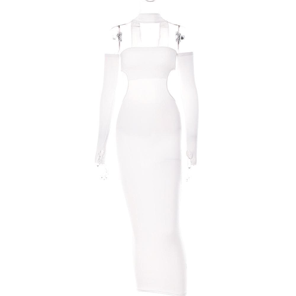 Halter Choker Waist Cutout Mesh Panel Thumbhole Sleeve Maxi Dress Set