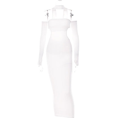 Halter Choker Waist Cutout Mesh Panel Thumbhole Sleeve Maxi Dress Set