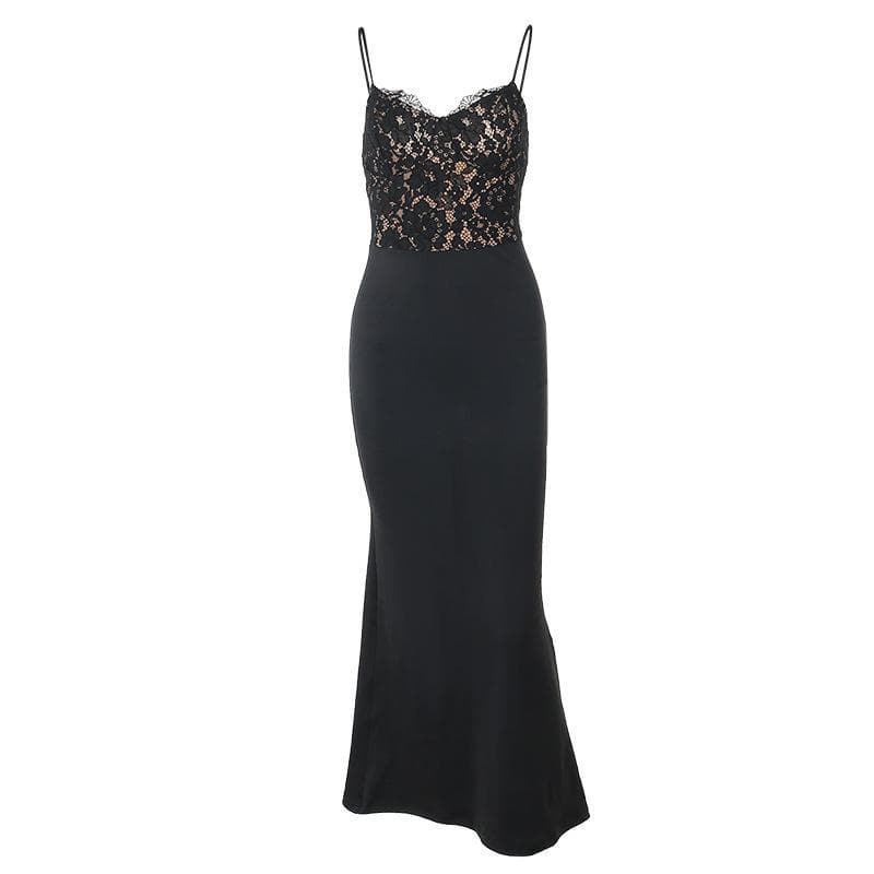 Sweetheart Neck Lace Overlay Spaghetti Strap Mermaid Maxi Gown