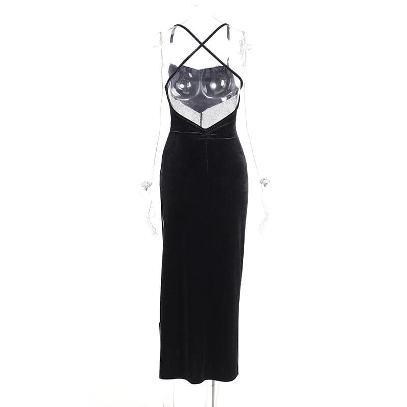 Velvet Spaghetti Strap Square Neck Lace Waist Insert Side Slit Midi Dress